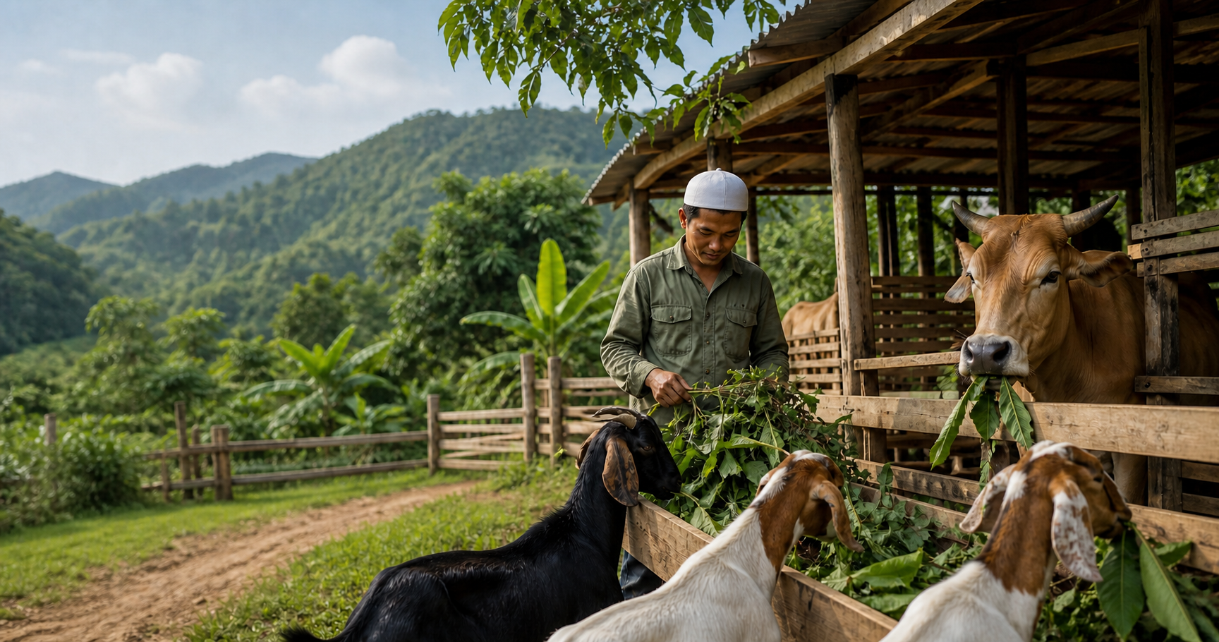 Healthy goats and cattle cared for on a clean rural farm in Cambodia